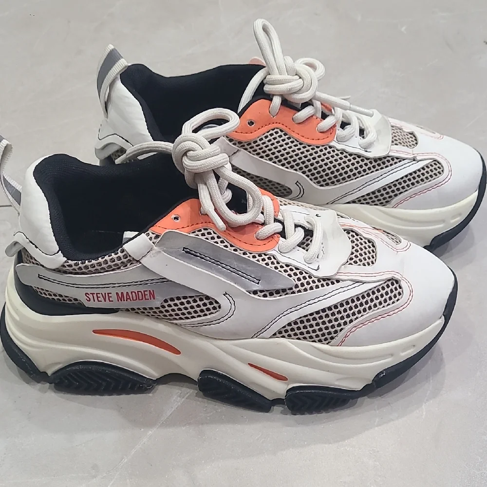 Steve Madden White and Black Sneakers with Coral Highlights